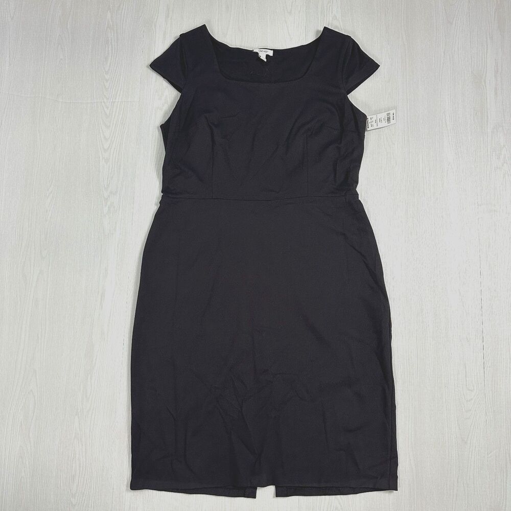 NINE WEST Womens XL Black Cap Sleeve Sheath Dress Square Neck Stretch Knee Lengt